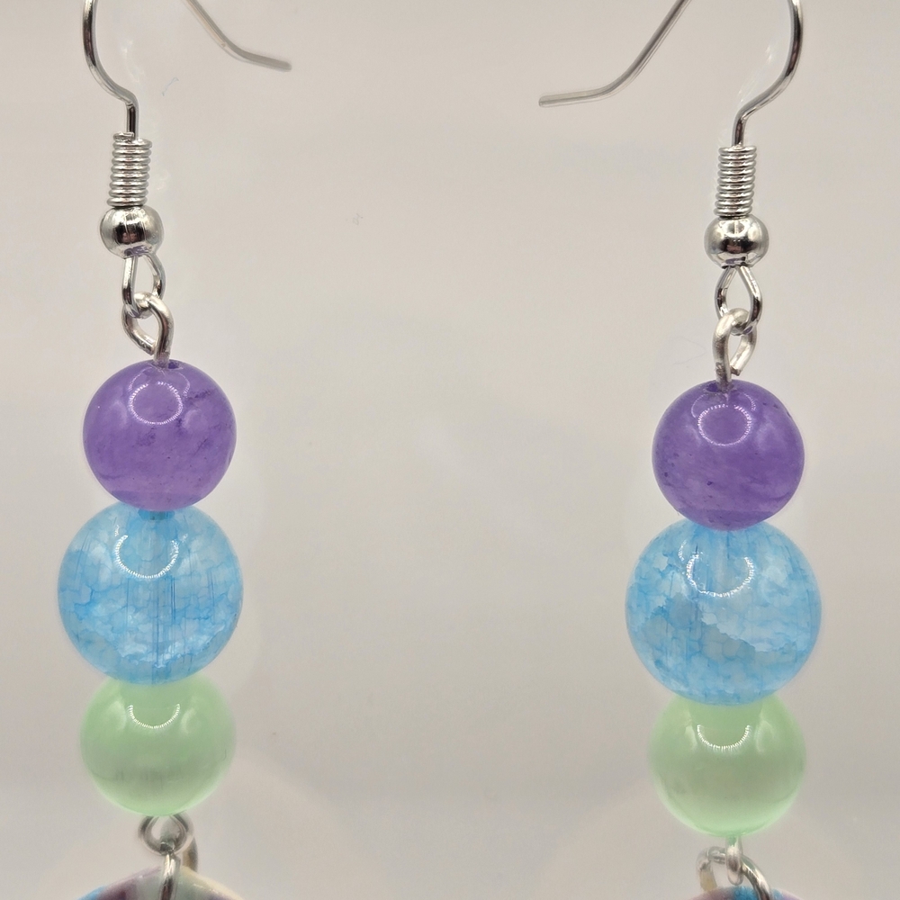 #B371-  Multicolor Beaded Earrings- Selenite Jasper And Jade Beads - Picture 3 of 4